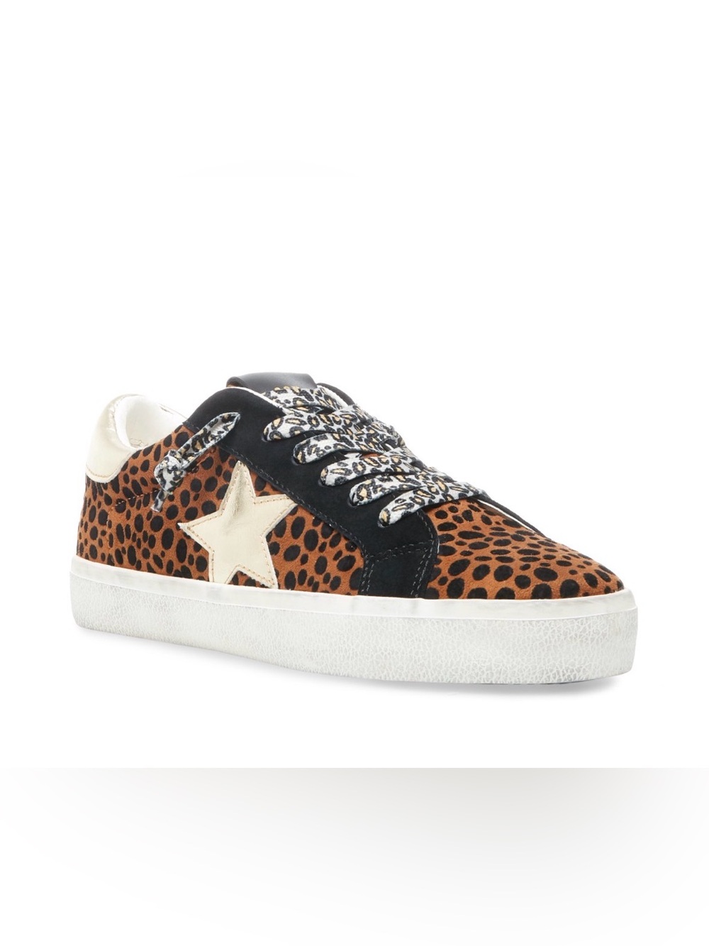 Steve Madden Philosophy Black/Leopard Lace Up Star Detail Suede Sneaker, size 9